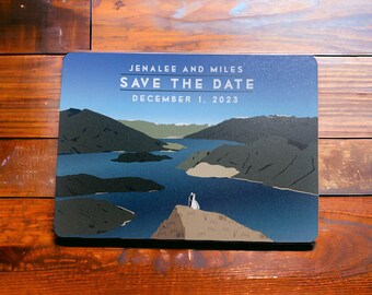 Couple on a Mountain Landscape Save the Date - Custom invites - Personalized invitations - 5x7 cards