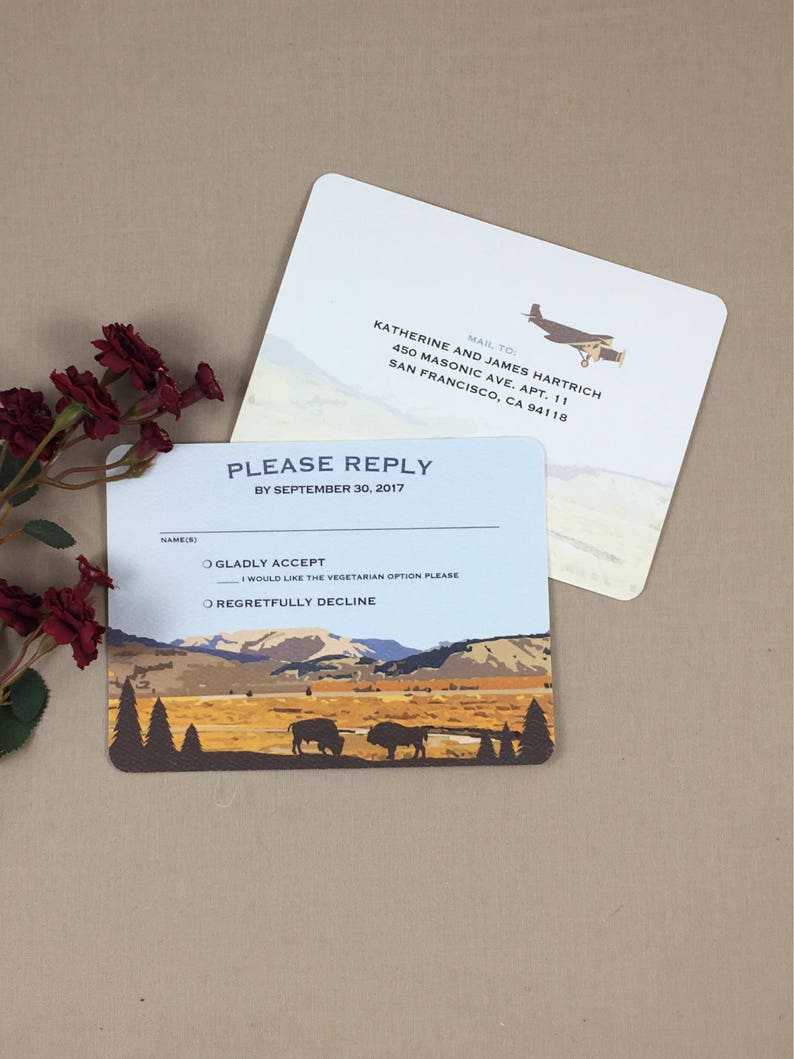 Yellowstone Wyoming Lamar Valley with Buffalo 5x7 Wedding Invitation with RSVP Postcard includes A7 Envelopes Wedding Invite image 4