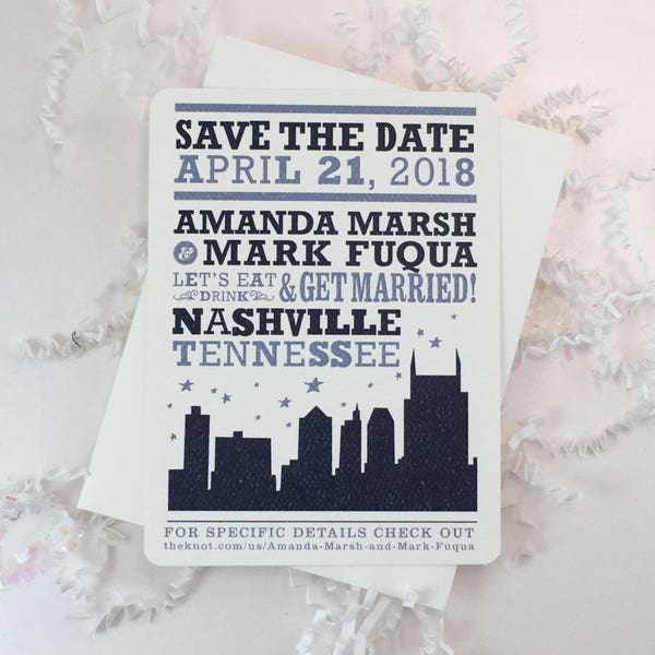 Navy Nashville Tennessee Hatch Show Concert Poster Inspired Save the Date Notecards with A2 Envelopes