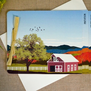 May include: A red barn with white trim and a white roof sits in a field with a white fence. A large green tree is in the foreground. The sky is blue with a few birds flying. The text "Invitation" and "Reservation" are on the right side of the image.