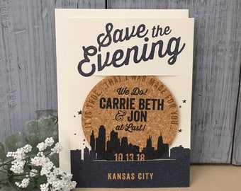 Kansas City Cork Coaster Save the Date / City Skyline Cork Coaster Save the Date / Save the Evening Cork Coaster Save the Date