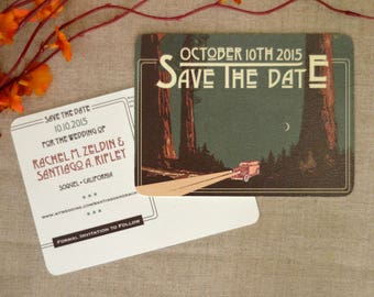 Sequoia Forest Craftsman Landscape Wedding Save the Date Postcard // Redwood Forest with Red Car Scenery