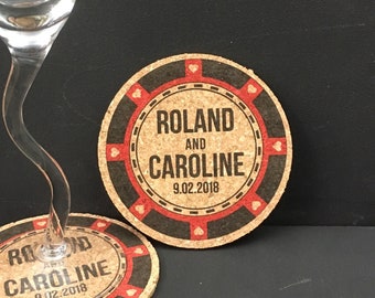 Poker Chip Favor / Cork Coaster / Wedding Favors / Cork Coaster Favors / Las Vegas Wedding / Casino Wedding / Red and Black Poker Chip