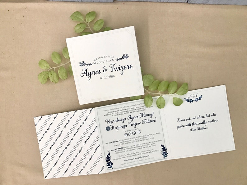 Navy and Gray Bohemian Trifold Wedding Announcement Invitation