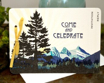 Craftsman Three Sisters Mountain Landscape Wedding Livret 3pg Booklet Invitation with Envelope and RSVP // BP1