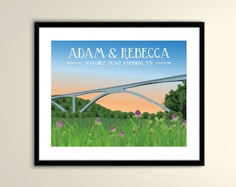 Natchez Trace Nashville TN Vintage Travel 11x14 Wedding Paper Poster Personalized with Names and date (frame not included)