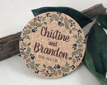 Floral Wreath with Script Personalized Cork Coaster Wedding Favors for Guests - TE