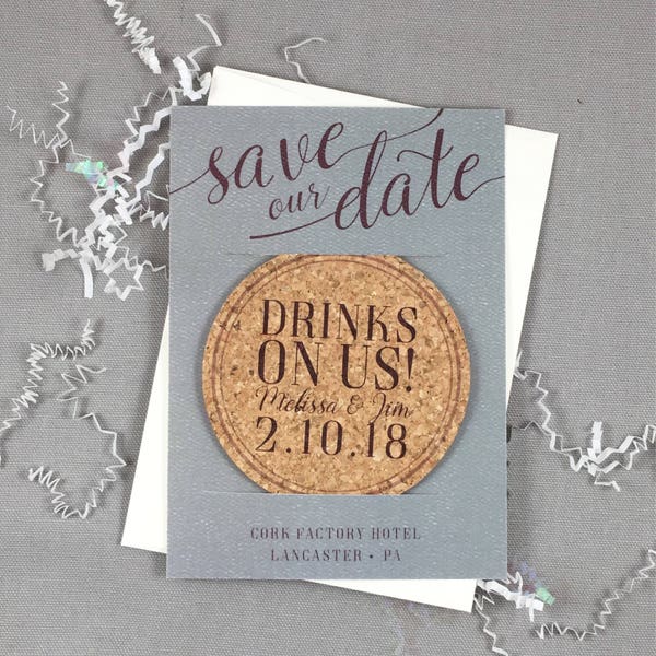 Drinks on Us Grey and Purple Cork Coaster Save the Date with Photograph Includes A7 Envelope
