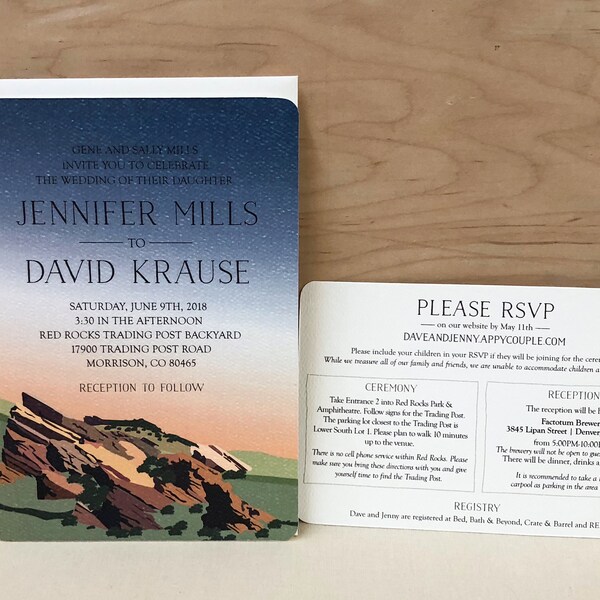 Colorado Red Rocks Amphitheater at Sunset 5x7 Wedding Invitation with Online RSVP Details Card