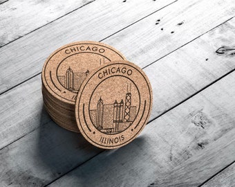 Chicago Skyline Coasters, Wedding Favor for Guests, Chicago Gift, Illinois State Coaster, Windy City Skyline, Drink Cork Coaster Set