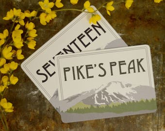 Pikes Peak Colorado Mountains Table Numbers/Place Cards for Wedding Reception 5x7 // Green and Gray Landscape