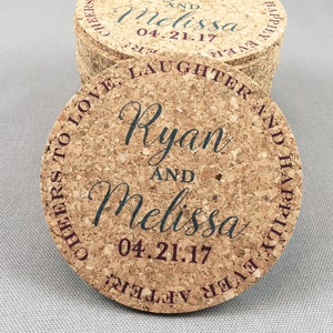 Love Laughter and Happily Ever After Personalized Cork Coaster Wedding Favors for Guests