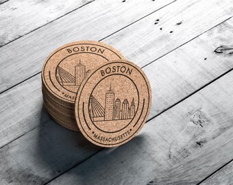 Boston Skyline Coasters, Wedding Favor for Guests, Cork Coasters Gift Set, Boston MS Coasters, Boston Cityscape Cork Coaster