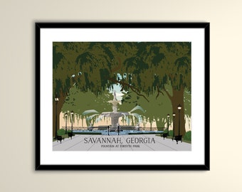 Forsyth Park Savannah Georgia Vintage Travel 11x14 Wedding Paper Poster Personalized with Names and date (frame not included)