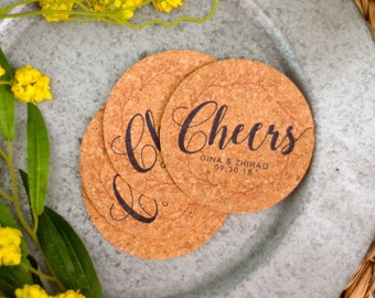 Cheers Navy and Blush Pink Floral Wreath Cork Coaster Wedding Favors Personalized with Names and Wedding Date // Wedding Favors for Guests