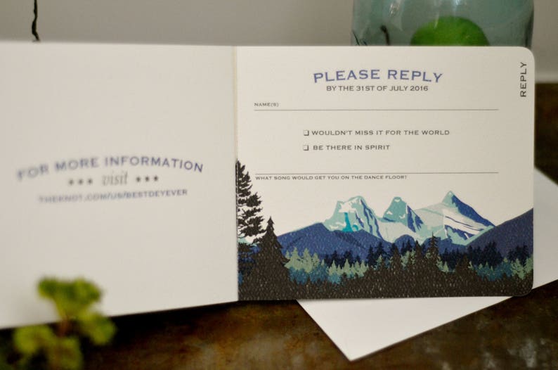 Craftsman Three Sisters Mountain Landscape Wedding Livret 3pg Booklet Invitation with Envelope and RSVP // BP1 image 3