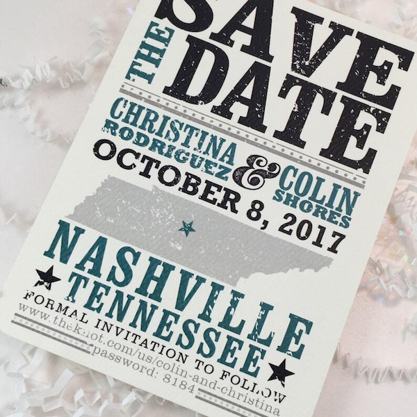 Teal Tennessee Hatch Show Inspired Save the Date Postcards