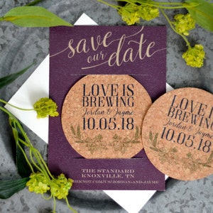 Save the Date Coaster, Love is Brewing Cork Coasters, Coaster Invitation, Brewery Wedding Decor, Beer Save the Date, Unique Save the Date image 2