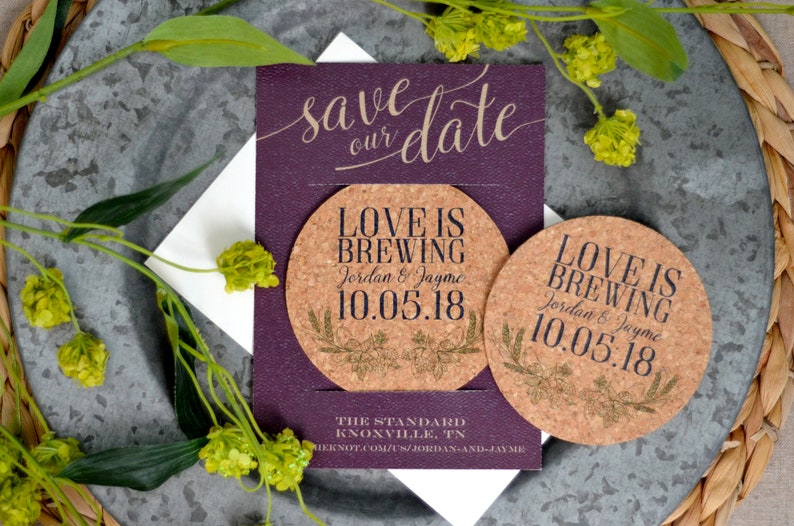 Save the Date Coaster, Love is Brewing Cork Coasters, Coaster Invitation, Brewery Wedding Decor, Beer Save the Date, Unique Save the Date image 2