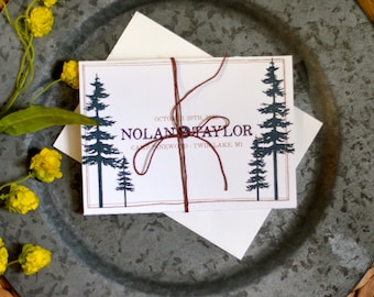 Camp Pinewood Wedding Invitation, Rustic Mountain Tri-Fold Design