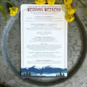 May include: A wedding weekend itinerary card with a rustic mountain landscape design. The card lists events for Thursday, Friday, Saturday, and Sunday, including a welcome reception, wedding ceremony, brunch, and a bonfire. The card also includes the text "Welcome to Jessie and Parker's Wedding Weekend".