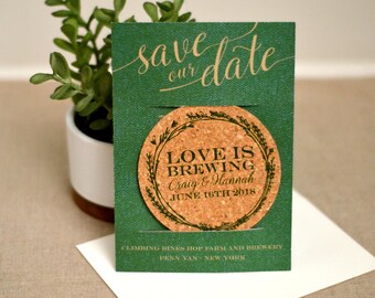 Emerald and Gold Love is Brewing Cork Coaster with Wreath Save the Date