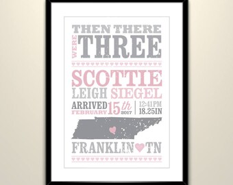 Hatch Birth Stats Poster for Baby Girl 11x17 Paper Poster Pink and Gray Tennessee State Outline (frame not included)