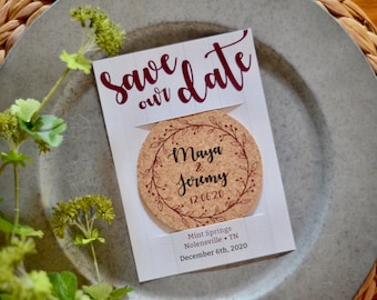 Rustic Wreath Burgundy Cork Coaster Save the Date