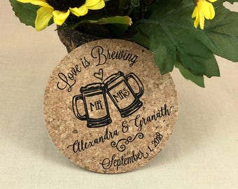 Custom Wedding Favors Coaster with Name, Save the date Coaster, Wedding Coaster Favors, Love is Brewing Coaster, Coaster Wedding Favors