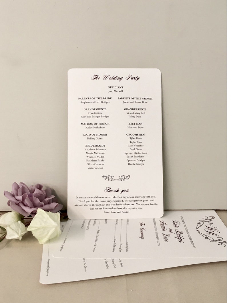 Elegant Script Monogram Flourish 5X8 Two Sided Wedding Ceremony Program Gray and Eggplant