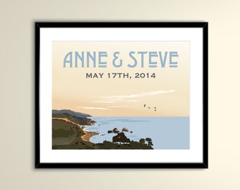 Big Sur California Vintage Travel Poster - 11x14 Paper Poster - Wedding Poster personalized with Names and date (frame not included)