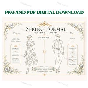 Może przedstawiać: Cyfrowy plik do pobrania zawierający przewodnik po kodzie ubioru Spring Formal Regency Modern. Tekst zawiera Spring Formal, Regency Modern, Summer Party oraz szczegóły dotyczące stroju. Ilustracje przedstawiają osobę w sukience w kwiaty oraz osobę w garniturze.