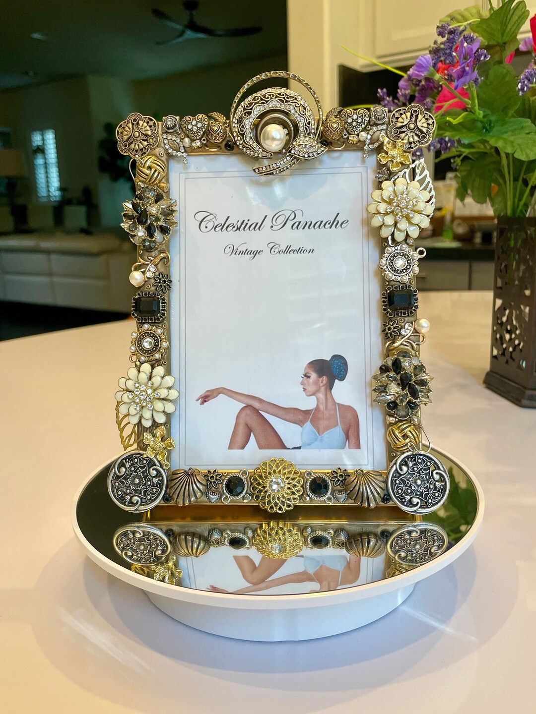 Vintage Jeweled Picture Frame floating Pearl Etsy