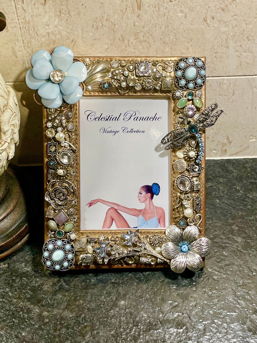 Vintage Jeweled Picture Frame blue Dragonfly Etsy