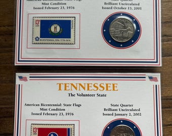 Kentucky and Tennessee Stamp Combination - PCS Stamps and Coins - 1999 State Quarters - Bicentennial Stamps