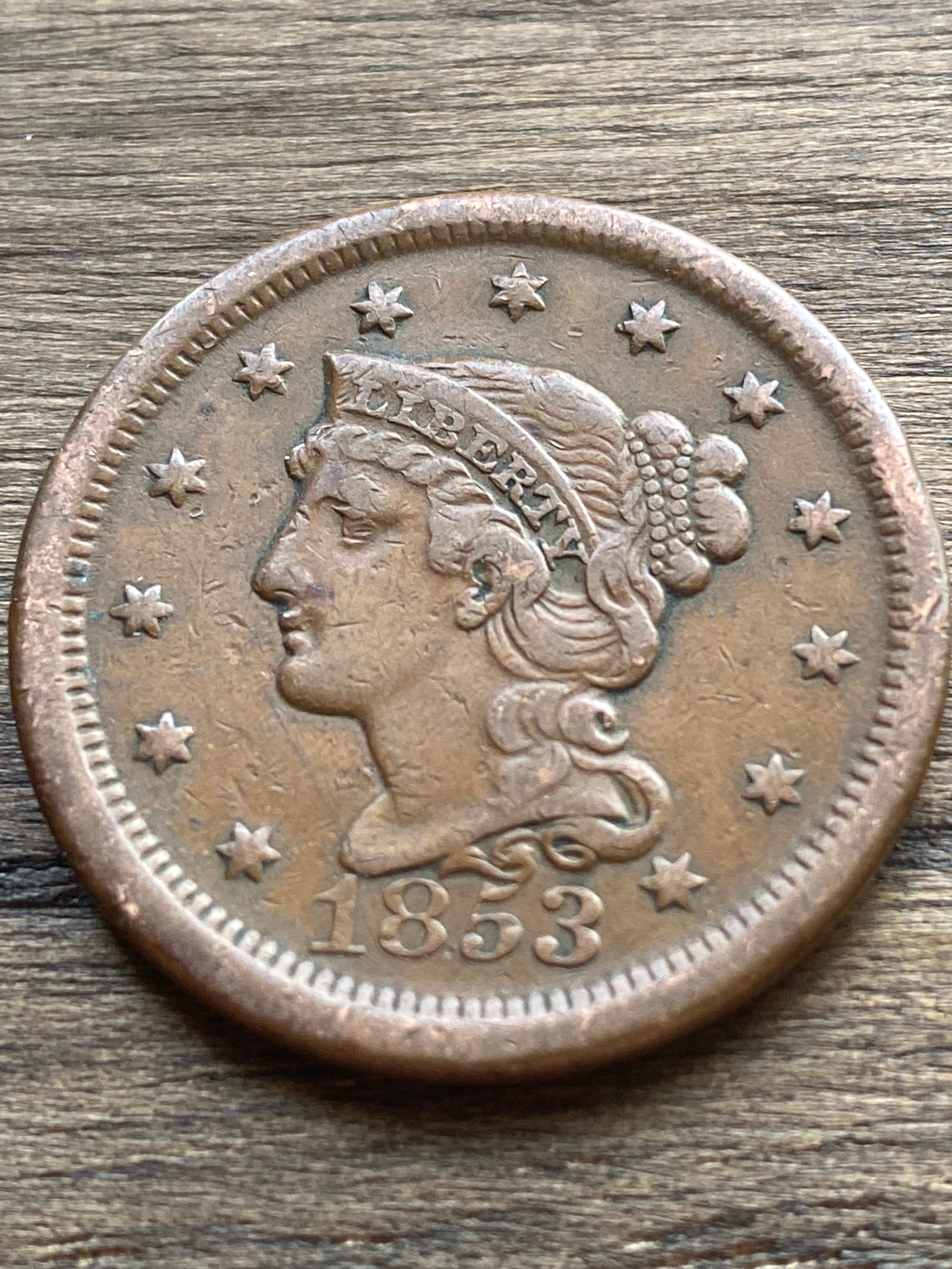 1853 Braided Hair Large Cent F Fine Copper Penny 1c Coin SKU:I7652