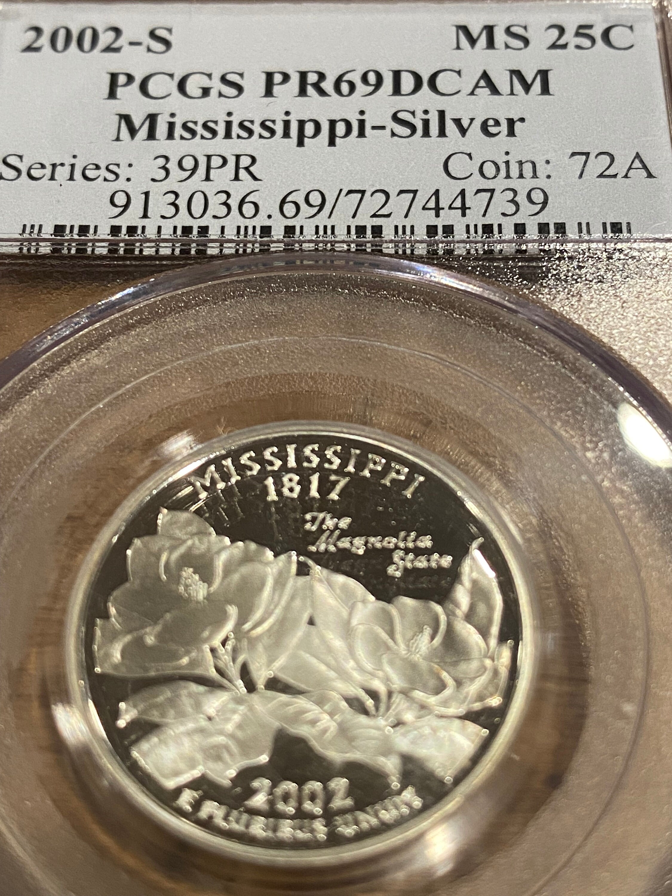 2002年 ミシシッピ州 クォータードル PR69DCAM 2002 S Mississippi Silver State Quarter - Graded PR69DCAM and