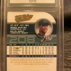 May include: A baseball card featuring a photo of baseball player B.J. Upton in a Tampa Bay Rays uniform. The card is from the 2005 Fleer Ultra series and features the text "All Rookie Gold Medallion".
