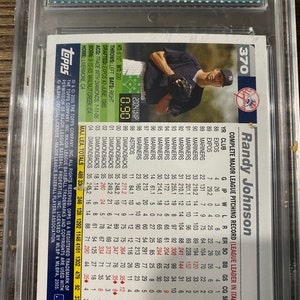 May include: A baseball card featuring Randy Johnson, a baseball pitcher. The card is from the 1998 Topps series and features a photo of Johnson in his New York Yankees uniform. The card includes Johnson's career statistics and a record of his pitching performance.