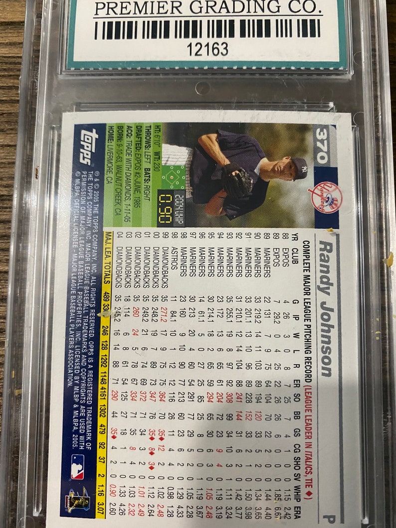 May include: A baseball card featuring Randy Johnson, a baseball pitcher. The card is from the 1998 Topps series and features a photo of Johnson in his New York Yankees uniform. The card includes Johnson's career statistics and a record of his pitching performance.