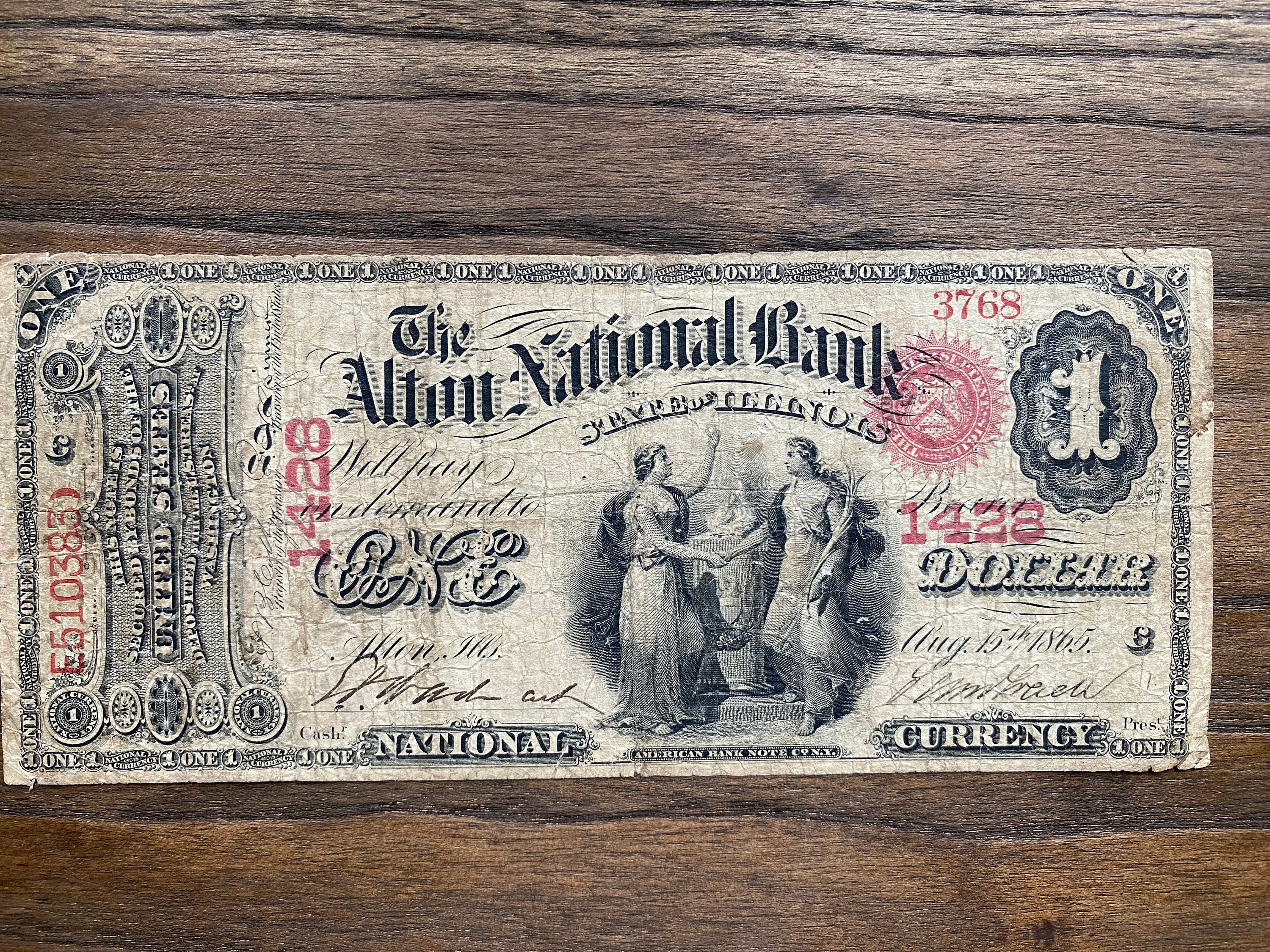 Series 1875 1 Dollar National Currency Note - 1428 Alton State of 