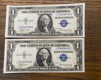 1935 1.00 Silver Certificate - 2 consecutive notes - Small Size Notes - US Small Notes - Collectible - Antique Currency