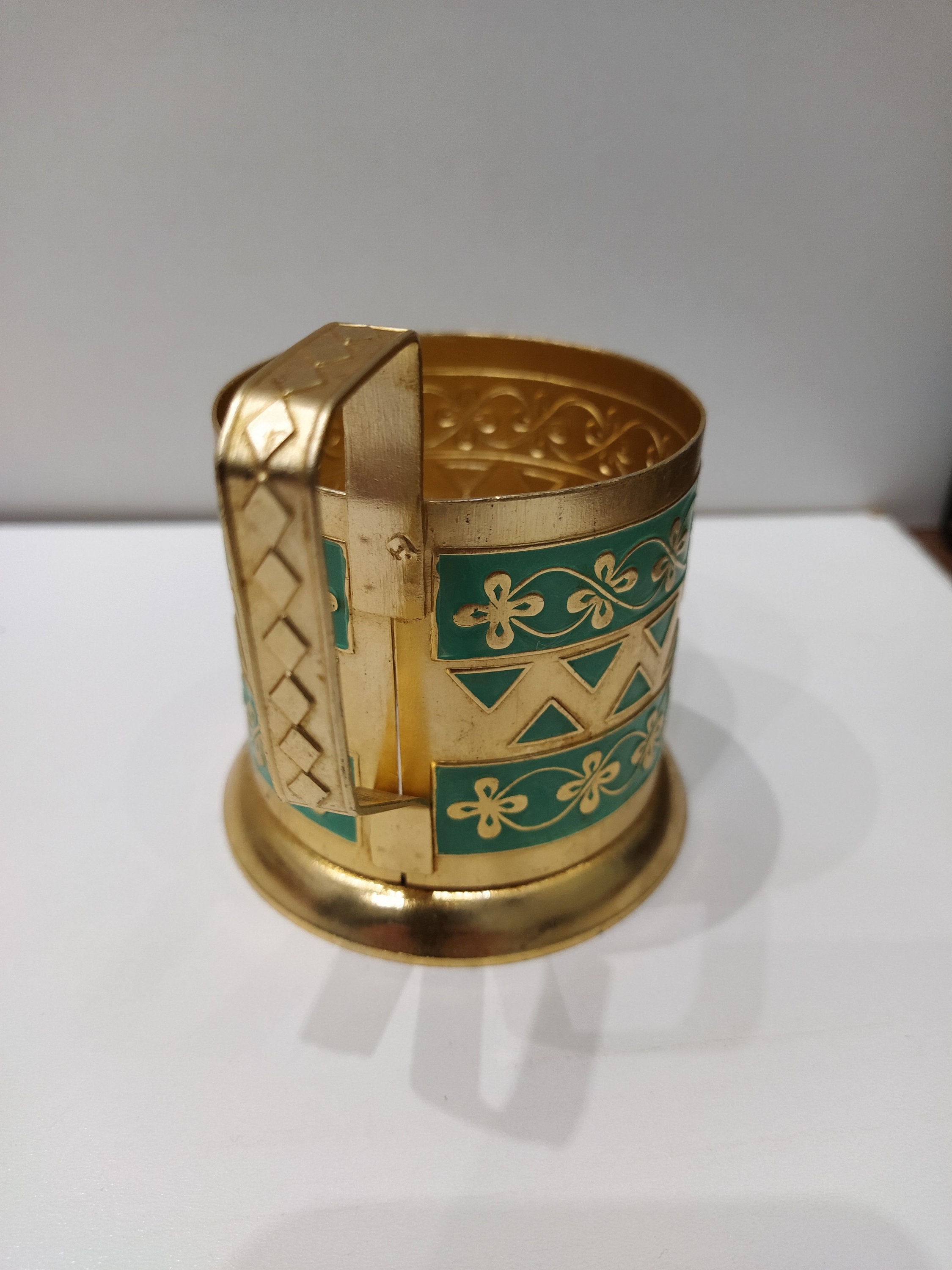 Old cup holder gold green ussr Vintage glass holder enamel Etsy
