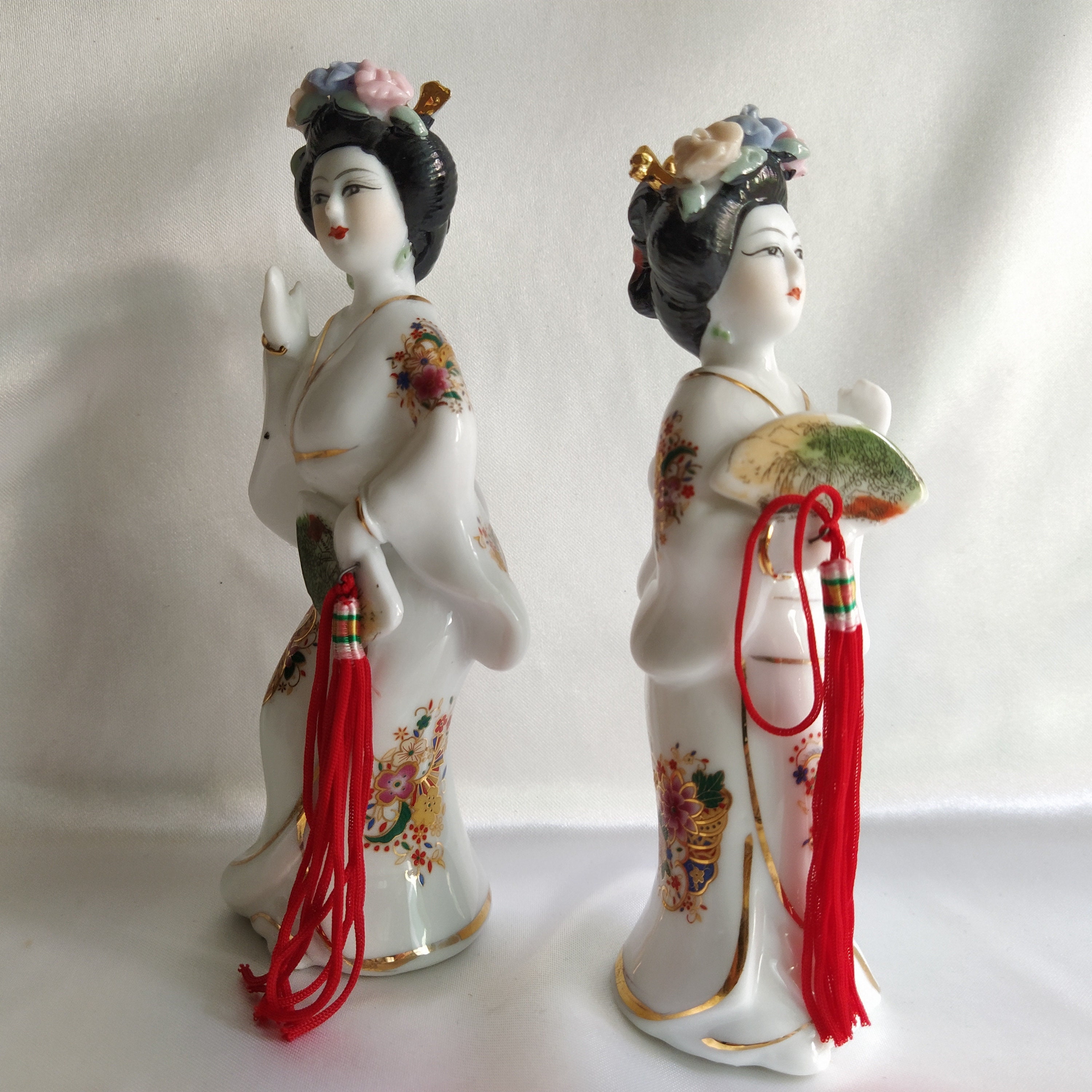 Japan ceramic geisha figurine with fan Set of 2 porcelain Etsy