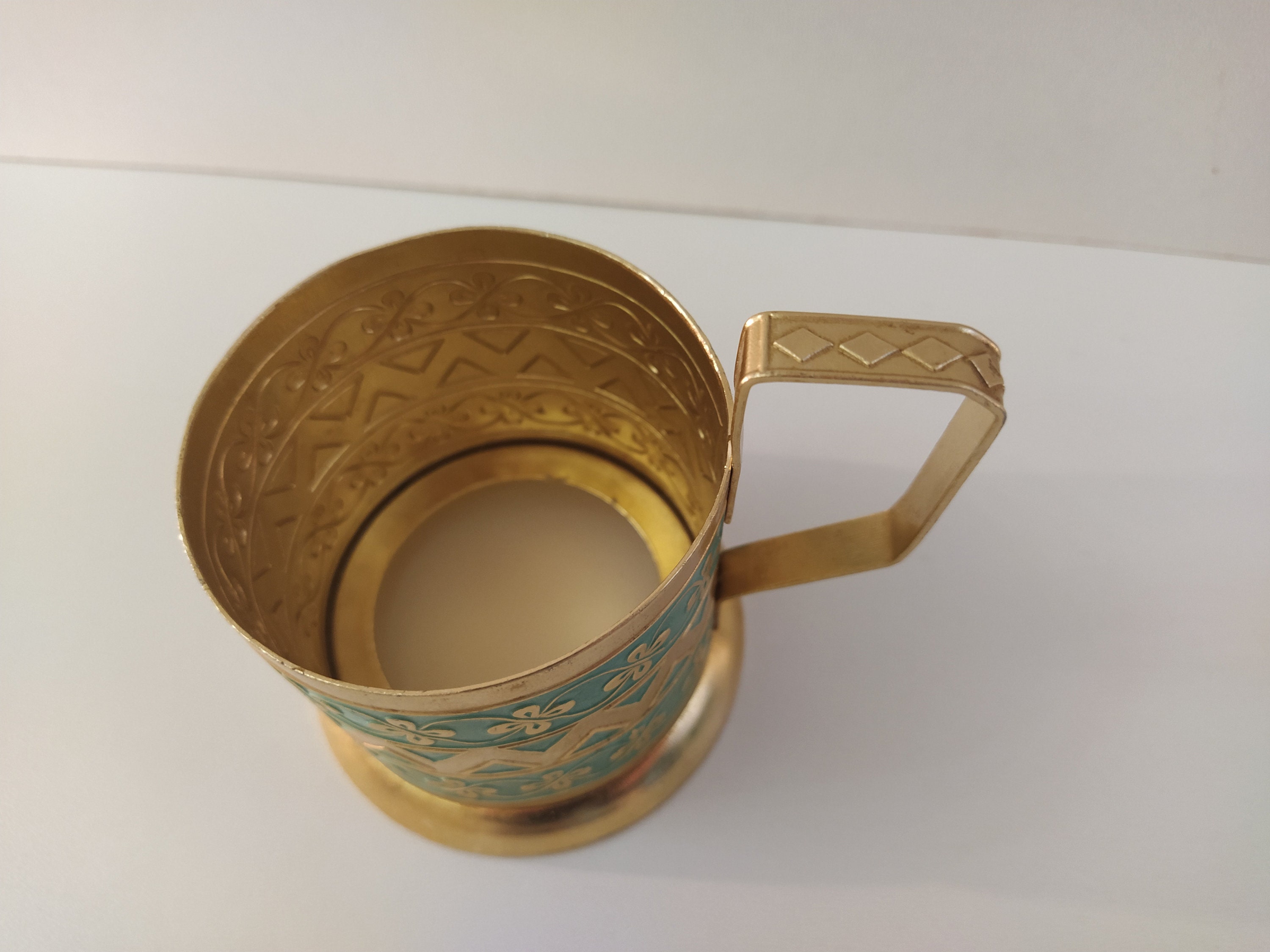 Old cup holder gold green ussr Vintage glass holder enamel Etsy
