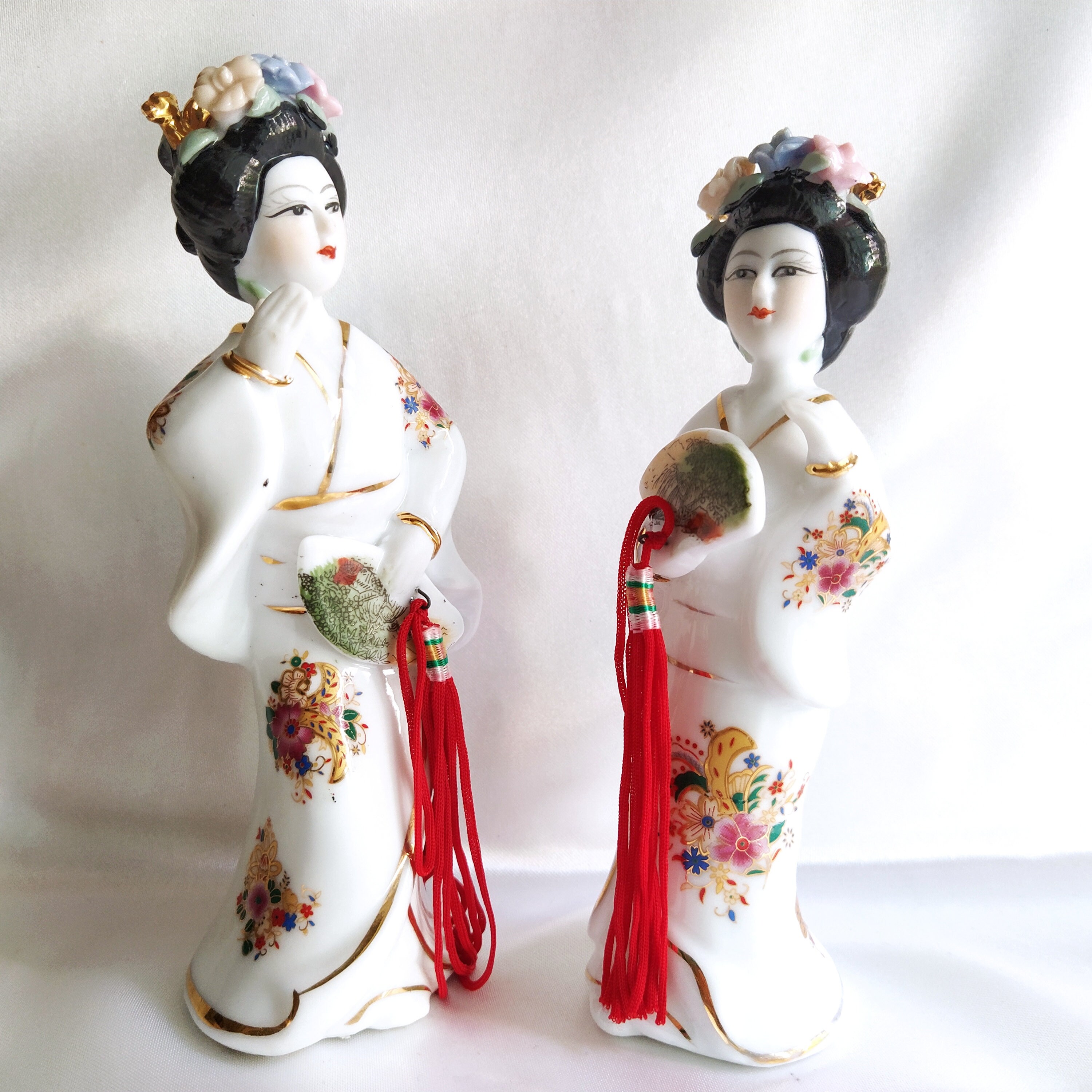Japan ceramic geisha figurine with fan Set of 2 porcelain Etsy