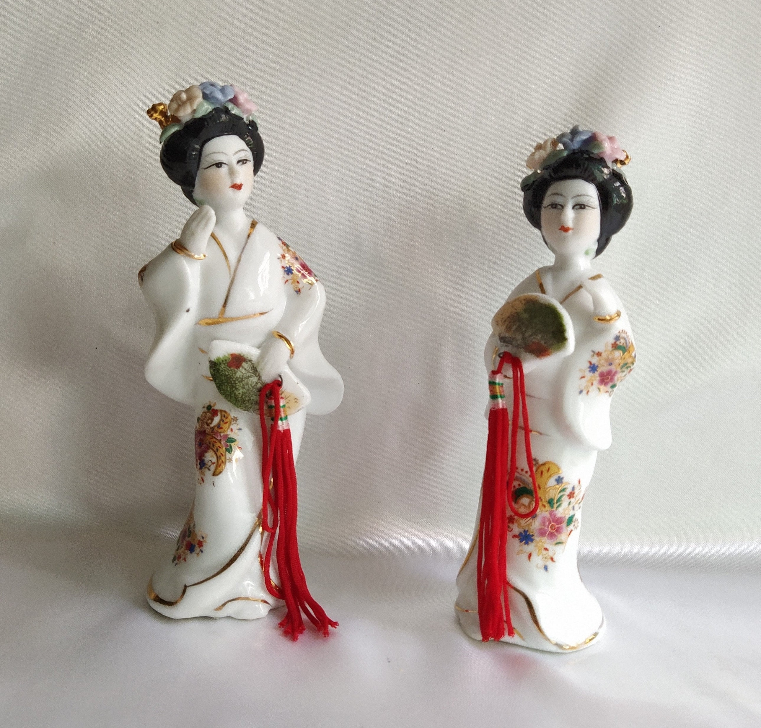 Japan ceramic geisha figurine with fan Set of 2 porcelain Etsy