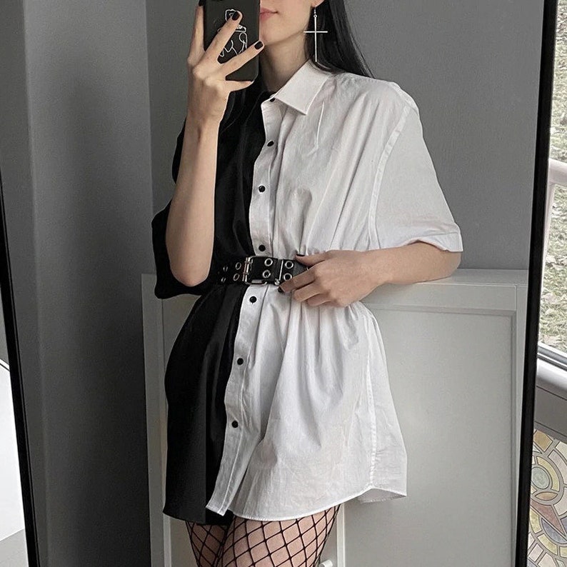 Black and White Mini Dress Button Loose Solid Gothic Short Sleeve Breathable Comfortable Ladies Personality Tops Blouse Party Shirt