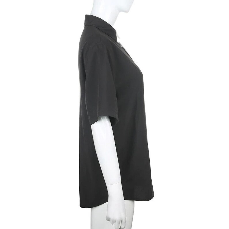 Black and White Mini Dress Button Loose Solid Gothic Short Sleeve Breathable Comfortable Ladies Personality Tops Blouse Party Shirt
