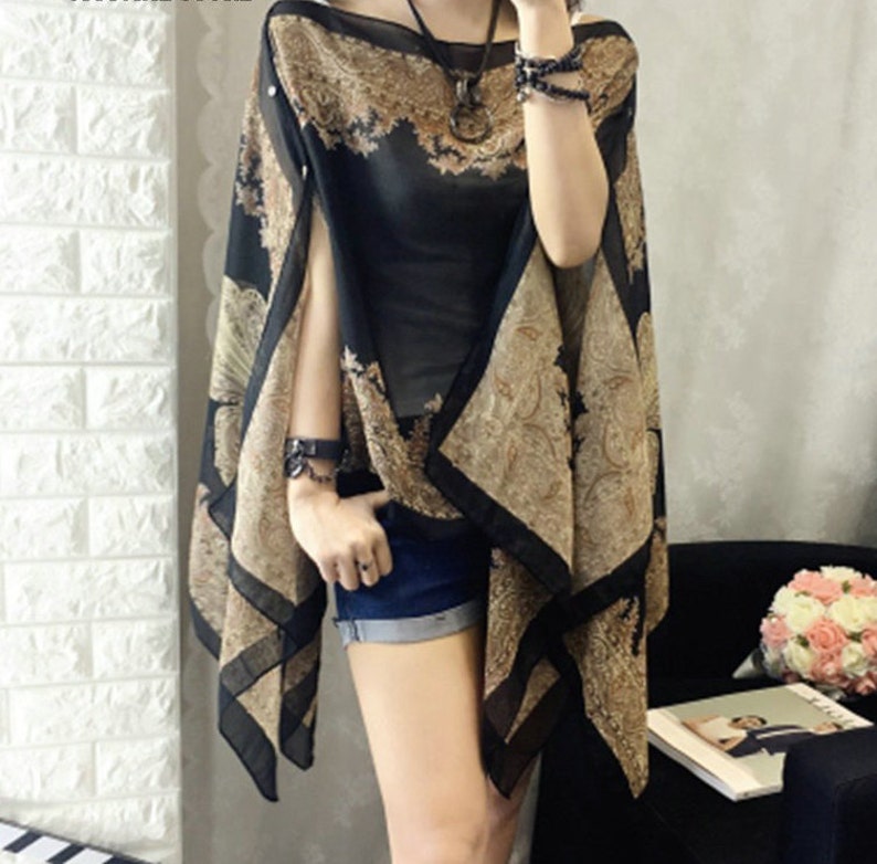 Tribal Print Cover Ups Batwing Sleeve Blouses Soft Wrinkle Free Light Semi Transparent Robes Cardigan
